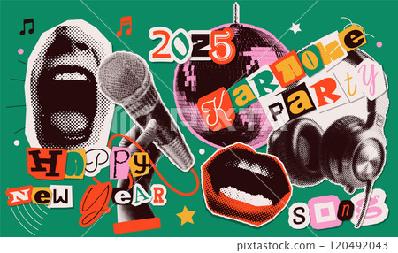 Happy new year 2025 disco paerty paper stickers set. With hands holding mike, disco ball, singing mouths. Colorful collage style illustrations. Vector design for poster, banner, greeting 120492043