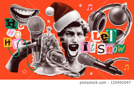 Christmas and New year karaoke party halftone collage elements set. Cut out of magazine shapes - hand with microphones. xmas tree ball, ancient statue in Santa hat. Grunge punk vector illustration Christmas and New year karaoke party halftone collage elements set. Cut out of magazine shapes - hand with microphones. xmas tree ball, ancient statue in Santa hat. Grunge punk vector illustration 120492047