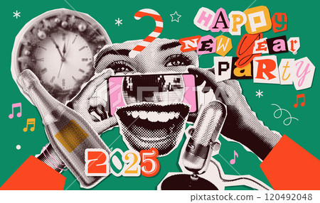 Karaoke New Year party grunge halftone collage elements set - hand with phone, retro microphone, smiling eyes and singing mouth, champagne and clock. Vector paper mixed art illustration. 120492048