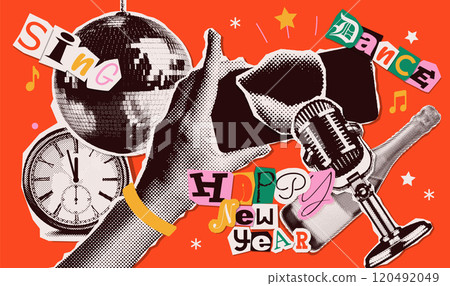Happy new year 2025 halftone collage elements design set. With disco ball and hands holding phone, mike, champagne bottle. Vector design for poster, banner, greeting and new year 2025 celebration. 120492049
