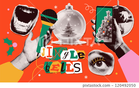 Christmas and New Year music party paper collage elements in a halftone style. Templates for posters, holidays, party celebrations. Vector 120492050