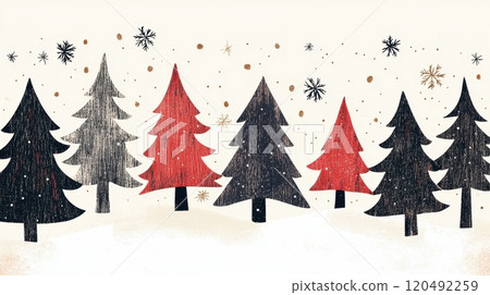 Christmas trees adorned with golden and black snowflakes against a snowy white background Christmas trees adorned with golden and black snowflakes against a snowy white background 120492259