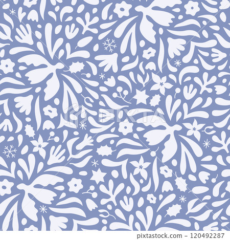 Merry Christmas winter botanical seamless pattern. Floral new year vector background with trendy minimal plant, bird, snowflake, leaves shapes. Merry Christmas winter botanical seamless pattern. Floral new year vector background with trendy minimal plant, bird, snowflake, leaves shapes. 120492287