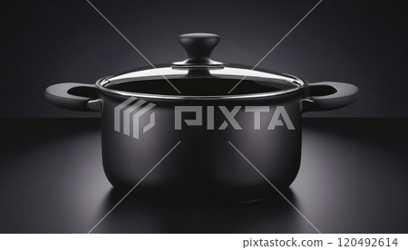 a solitary black cast iron pot with a lid a solitary black cast iron pot with a lid 120492614