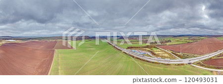 Aerial panorama of the Drei Gleichen castles in Thuringia with surrounding landscape and highway view Aerial panorama of the Drei Gleichen castles in Thuringia with surrounding landscape and highway view 120493031