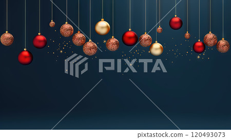 Christmas balls hanging in line on blue background. Winter holiday card with baubles. Generated AI. 120493073