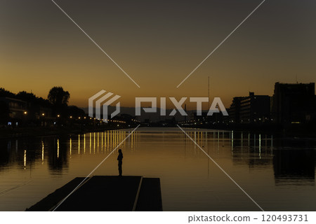 Boat course dyed in the sunset 120493731