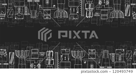 Mechanical engineering drawings on black background. Tap tools, borer. Technical Design. Cover. Blueprint. Seamless pattern. Vector illustration. 120493749