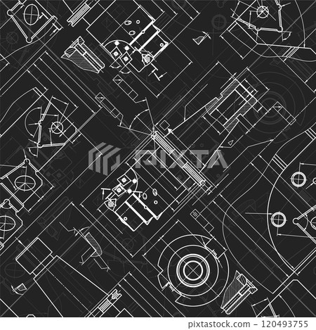 Mechanical engineering drawings on black background. Tap tools, borer. Technical Design. Cover. Blueprint. Seamless pattern. Vector illustration. 120493755