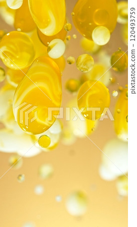 Macro Shot of Moving Oil and Milk Bubbles on Golden Background, Cosmetics Concept Macro Shot of Moving Oil and Milk Bubbles on Golden Background, Cosmetics Concept 120493759