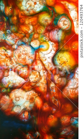Macro Shot of Moving Color Oil Bubbles Isolated on White Background 120493764