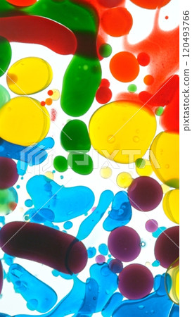 Macro Shot of Moving Color Oil Bubbles Isolated on White Background 120493766