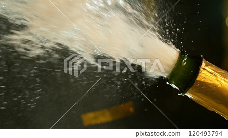 Freeze motion of Champagne explosion with flying cork closure, opening champagne bottle closeup. 120493794