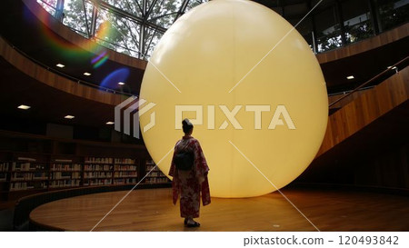 cylindrical space of a book-filled library 120493842