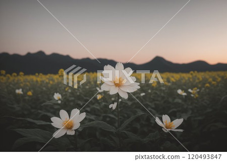 a field of white and yellow flowers 120493847
