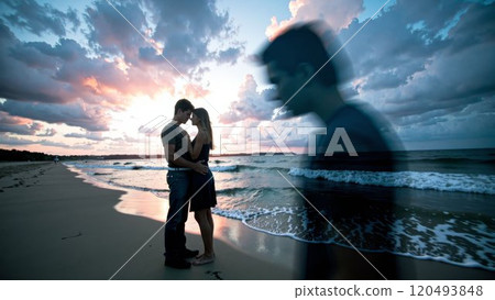 couple standing on a sandy beach 120493848