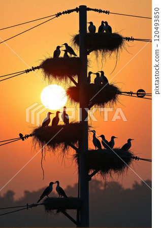 branches are adorned with clusters of white and gray birds 120493850
