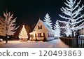 a serene winter scene, dominated by a white, two-story wooden house with black shutters 120493863