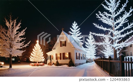 a serene winter scene, dominated by a white, two-story wooden house with black shutters a serene winter scene, dominated by a white, two-story wooden house with black shutters 120493863