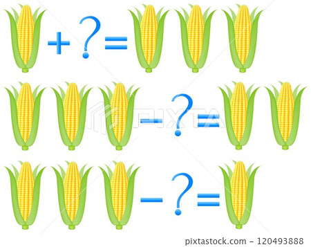 Action relationship of addition and subtraction, examples with corn. Educational games for children. 120493888