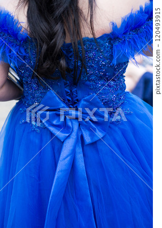 Close-up of a woman wearing a formal  blue dress, her hands with an attractive manicure, holding a glittering handbag. Selective focus. 120493915