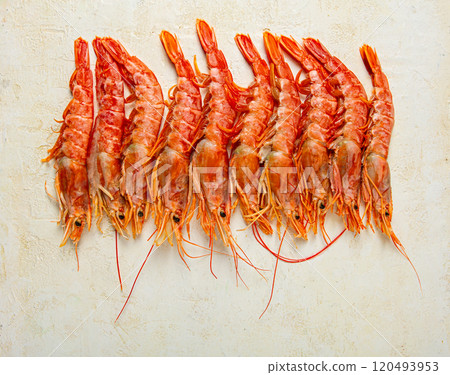 Langoustines, Australian, freshly frozen langoustines, on a light background, top view, Langoustines, Australian, freshly frozen langoustines, on a light background, top view, 120493953