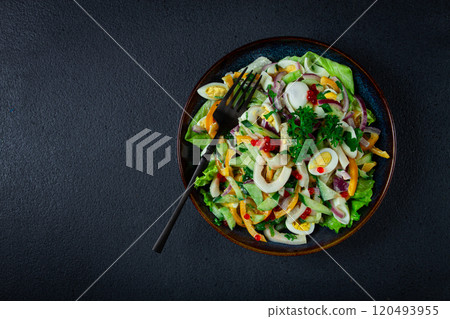 salad with squid, fresh cucumber, eggs, sweet pepper, red onion, with dressing, homemade, no people, salad with squid, fresh cucumber, eggs, sweet pepper, red onion, with dressing, homemade, no people, 120493955