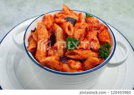 Penne pasta, with shrimp in tomato sauce, close-up, no people, Penne pasta, with shrimp in tomato sauce, close-up, no people, 120493960