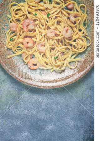 spaghetti with shrimp, in cream sauce, top view, no people, spaghetti with shrimp, in cream sauce, top view, no people, 120493970
