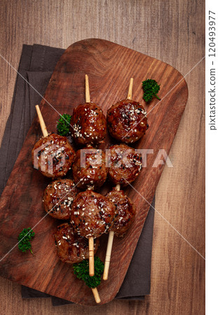 Tsukune, Japanese meatballs, minced chicken, fried on a skewer, with yakitori sauce, homemade, no people, Tsukune, Japanese meatballs, minced chicken, fried on a skewer, with yakitori sauce, homemade, no people, 120493977