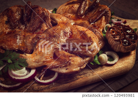 fried, quail meat, tobacco (tapaka), with spices, homemade, no people, fried, quail meat, tobacco (tapaka), with spices, homemade, no people, 120493981