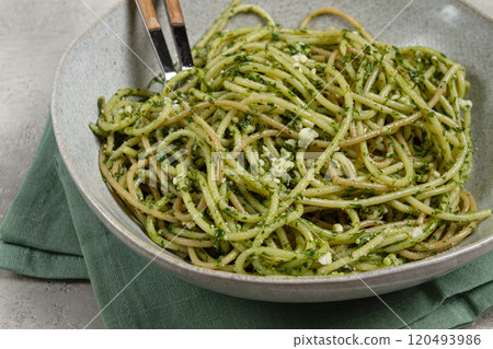 spaghetti with pesto sauce, homemade, no people, 120493986