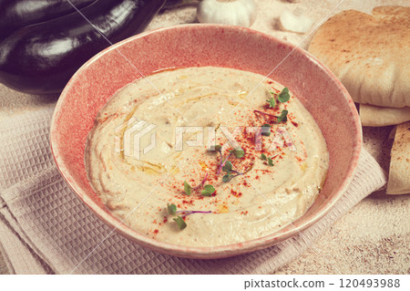 Babaganoush, eggplant appetizer, traditional Lebanese cuisine, homemade, no people, Babaganoush, eggplant appetizer, traditional Lebanese cuisine, homemade, no people, 120493988