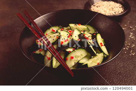 Chinese salad, cucumbers with chili pepper and sesame seeds, homemade, no people, Chinese salad, cucumbers with chili pepper and sesame seeds, homemade, no people, 120494001