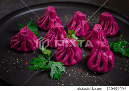 beetroot khinkali, mini khinkali, purple, Georgian cuisine, no people, 120494004