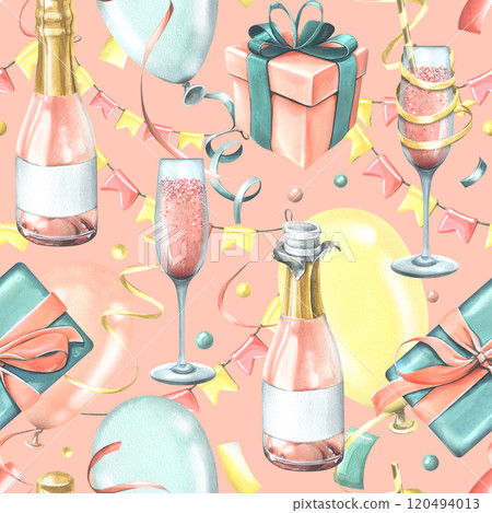 Festive balloons, gifts, champagne in glasses and bottles, confetti and flag garlands. Watercolor illustration hand drawn. Seamless pattern for design of congratulations on pink background Festive balloons, gifts, champagne in glasses and bottles, confetti and flag garlands. Watercolor illustration hand drawn. Seamless pattern for design of congratulations on pink background 120494013