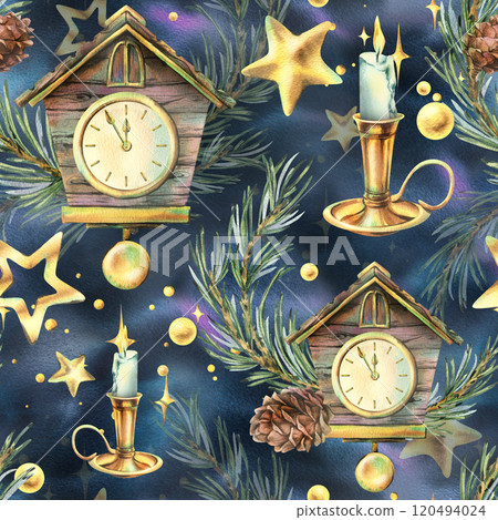 Wooden house clock with cuckoo, pine branches and cones, candles in a candlestick, sparkling stars. Christmas, New Year watercolor illustration. Seamless pattern on the background of the night sky Wooden house clock with cuckoo, pine branches and cones, candles in a candlestick, sparkling stars. Christmas, New Year watercolor illustration. Seamless pattern on the background of the night sky 120494024