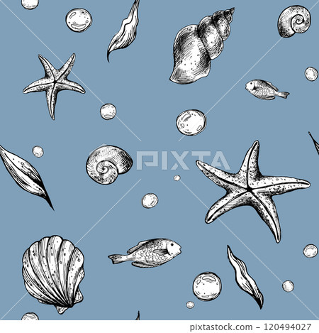 Seashells, starfish, seaweed, fish and bubbles. Graphic illustration hand drawn in black ink. Seamless pattern EPS vector on a blue background. for fabric, textile, prints, design and decoration. 120494027