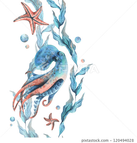 octopus, sea blue algae with leaves wriggling in wave with bubbles and coral starfish. Hand drawn watercolor illustration of underwater world. Seamless vertical border pattern for long projects design 120494028