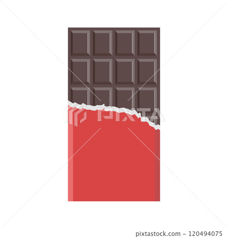 Chocolate bar with red wrapper half opened. Milk chocolate. Cocoa product icon. Vector illustration isolated on white background. 120494075