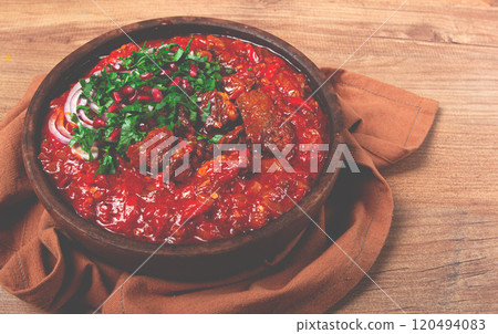 Chashushuli, a traditional Georgian dish, spicy, stewed meat with tomatoes and spices, homemade, no people, Chashushuli, a traditional Georgian dish, spicy, stewed meat with tomatoes and spices, homemade, no people, 120494083