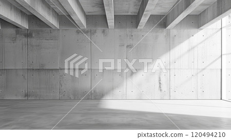Concrete wall background, abstract modern grey space, empty white tiled room interior with sunlight. Theme of grunge, stone architecture, construction, building 120494210