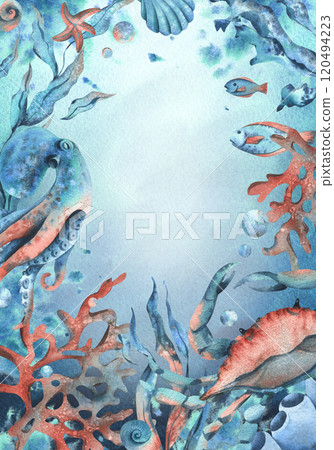 Sea animals, octopus, crab, seaweed, coral, sponge, starfish, shells, fish and bubbles. Hand drawn watercolor illustration of underwater world. Vertical rectangular frame template, postcard Sea animals, octopus, crab, seaweed, coral, sponge, starfish, shells, fish and bubbles. Hand drawn watercolor illustration of underwater world. Vertical rectangular frame template, postcard 120494223