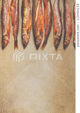 cold smoked capelin, on the table, top view, no people, cold smoked capelin, on the table, top view, no people, 120494238