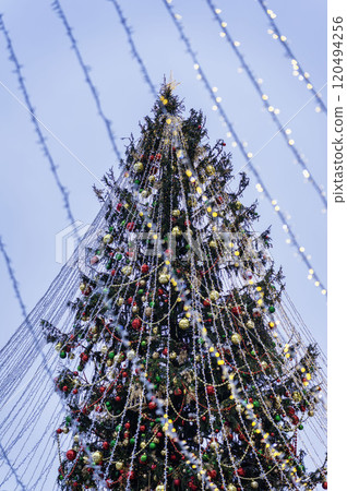 Christmas Tree with decorations and Illuminations in snowy night. New Year, Christmas holiday in city. Winter background 120494256
