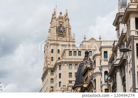 Old Luxury Residential Buildings in Gran Via and Barquillo area in Madrid 120494274