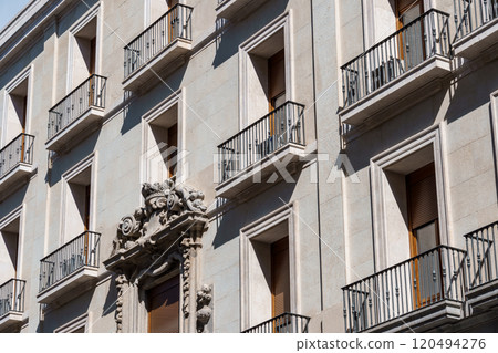 Old Luxury Residential Buildings in Gran Via and Barquillo area in Madrid 120494276