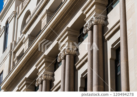 Old Luxury Residential Buildings in Gran Via and Barquillo area in Madrid 120494278