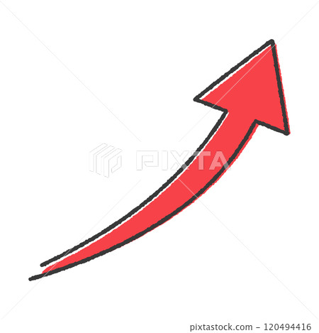 向右向上彎曲的紅色箭頭的手繪插圖 — 代表向上移動的簡單符號和裝飾圖示材料 向右向上彎曲的紅色箭頭的手繪插圖 — 代表向上移動的簡單符號和裝飾圖示材料 120494416