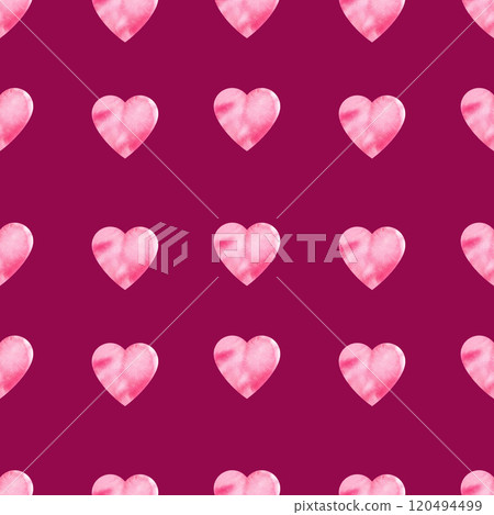 seamless pattern of valentine day theme with textured watercolor gradient pink hearts, hand draw illustration, sketch on purple background for party and event decoration seamless pattern of valentine day theme with textured watercolor gradient pink hearts, hand draw illustration, sketch on purple background for party and event decoration 120494499